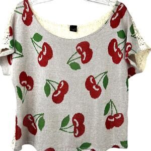 Red Cherry's Novelty Top Print Open-Knit Cap Sleeves Shirt Made in USA Size S
